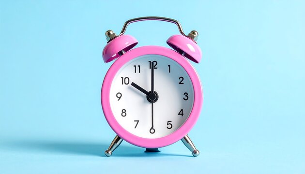 Pink alarm clock on a light blue background - Powered by Adobe