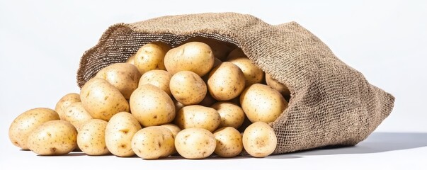 A burlap sack spills out a collection of fresh potatoes, showcasing their earthy texture and natural appearance.