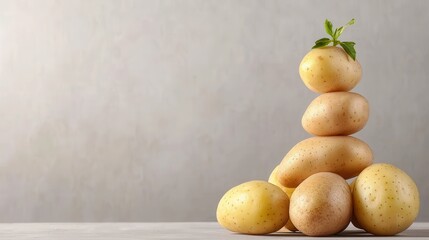 A stack of fresh, golden potatoes with green leaves on top, displayed against a simple, neutral background.