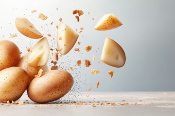 A dynamic display of potatoes in various stages of cutting, surrounded by flying potato fragments against a soft background.
