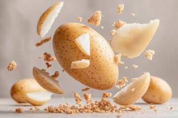 A floating potato surrounded by flying pieces, showcasing a dynamic and creative food photography concept.
