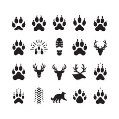 Fototapeta premium Assortment of twenty black animal paw prints, deer heads with antlers, a boot print, and abstract patterns on a white background