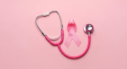 Pink ribbon and stethoscope symbolizing breast cancer awareness and medical care