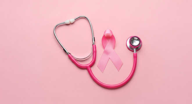 Pink ribbon and stethoscope symbolizing breast cancer awareness and medical care - Powered by Adobe