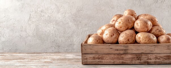 A wooden crate filled with fresh, speckled potatoes sits against a textured, neutral backdrop, emphasizing their earthy tones and natural appeal.