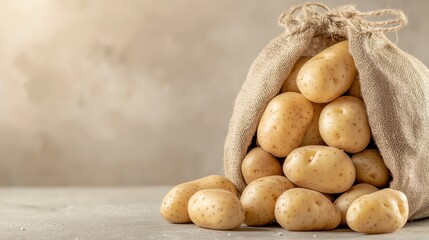 A burlap sack spills fresh, unpeeled potatoes onto a rustic surface, highlighting their earthy texture and natural colors.