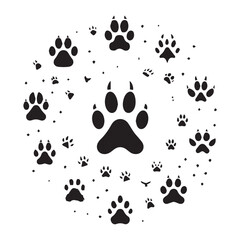 Fototapeta premium Circular arrangement of black animal paw prints and small dots on a white background animal track
