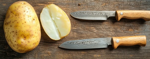 A fresh potato sits on a wooden surface alongside two sharp knives, one with a wooden handle and a slicing of the potato nearby.