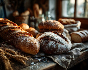 World Bread Day concept. A rustic wooden table filled with freshly baked bread: golden baguettes, round sourdough loaves, whole grain bread, and soft rolls