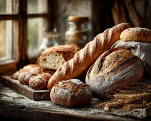 World Bread Day concept. A rustic wooden table filled with freshly baked bread: golden baguettes, round sourdough loaves, whole grain bread, and soft rolls