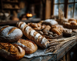 World Bread Day concept. A rustic wooden table filled with freshly baked bread: golden baguettes, round sourdough loaves, whole grain bread, and soft rolls