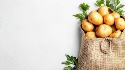 A burlap sack filled with fresh potatoes sits against a light background, surrounded by green parsley, showcasing a natural and rustic feel.