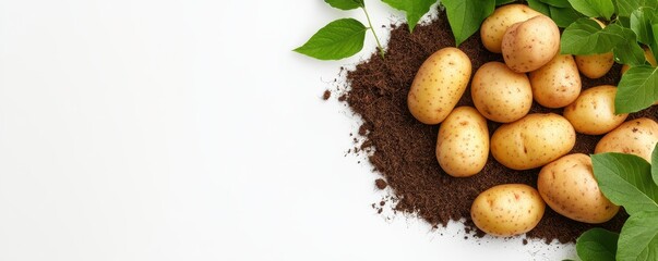 Freshly harvested potatoes nestled in soil, surrounded by green leaves, showcasing natural produce and agricultural bounty.