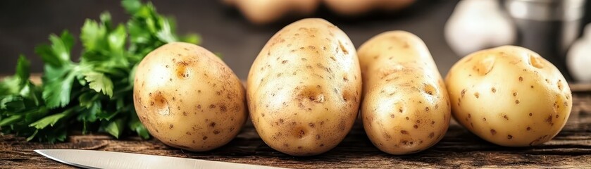 Fresh potatoes arranged on a wooden surface, accompanied by parsley and a knife, showcasing a natural and rustic culinary scene.