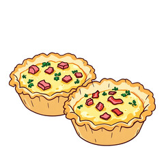 Savory tarts with golden crust meat cubes and herbs vector illustration isolated on white background