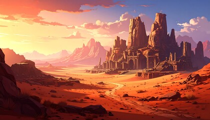 Desert Cityscape at Sunset - Ancient Ruins in a Vibrant Landscape.