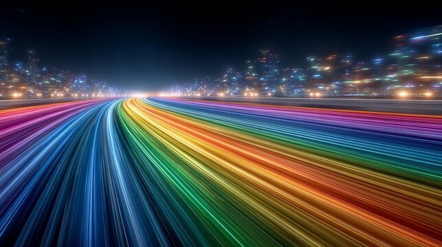 Rainbow Road to the Future: Colorful Light Trails Leading to a Glowing Cityscape