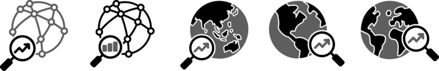 Flat Icons collection of Global Trends, and International Analytic Tools. Symbols for international finance, cross-border data analysis and global trends.