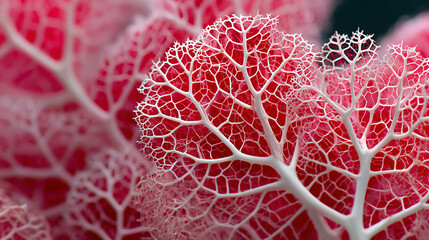 Intricate fractal patterns of vibrant red ornamental cabbage with delicate white veins create a stunning natural abstract design