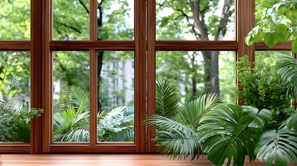 Fototapeta premium Dark Wooden Window Frames Overlooking Lush Tropical Rainforest Landscape