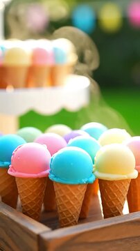 Vibrant pastel ice cream scoops in crisp waffle cones a delightful and refreshing sweet dessert for joyful summer parties and festive outdoor celebrations perfe