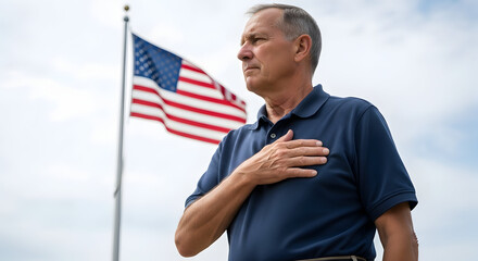 An American man pledges allegiance with hand over heart before the flag against a cloudy sky in