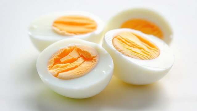 Freshly Boiled Eggs Halved Revealing Bright Orange Yolks on White Background.