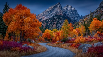 Obraz premium Scenic autumn drive through the mountains with vibrant foliage and winding road