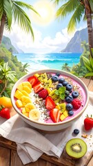 Vibrant smoothie bowl with tropical scenery