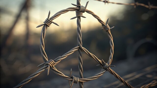 symbolic stop war Barbed wire forms a peace symbol, juxtaposing conflict and harmony in a poignant visual statement. - Powered by Adobe