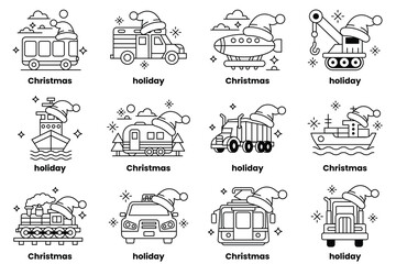 A set of 12 Christmas themed vehicles, including cars, trucks, and boats