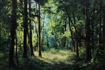 a painting of a forest with a path through it