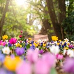 Vibrant spring flowers in a sunny forest