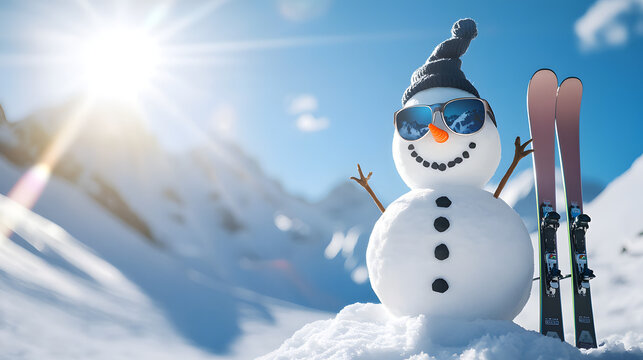 A funny snowman in sunglasses stands next to his skis on a snowy mountain under a bright blue sky, with snow-capped peaks in the background—a cheerful winter sports scene for banners