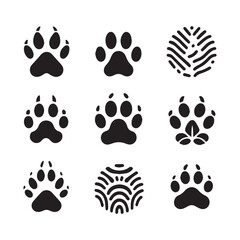 Fototapeta premium Collection of nine black animal paw prints and abstract circular graphic elements on a white background