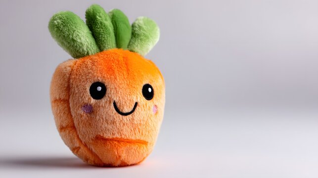 Playful plush toy carrot, showcasing vibrant orange and green hues, features a smiling face with large black eyes and blush, set against a soft, neutral background with ample copy space, evoking...