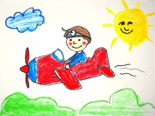 Naklejka premium A boy flying plane under sunny sky.