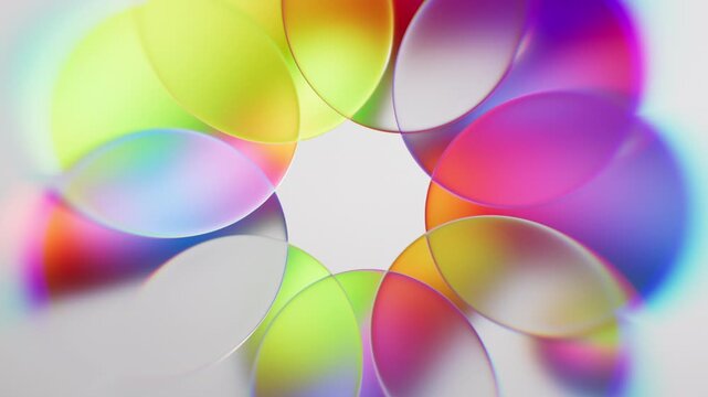 Looping 3D animation. Abstract unfocussed background with holographic effect. Round glass lenses spin and rotate, shimmering in all the colors of the neon spectrum. Modern minimalist aesthetic design