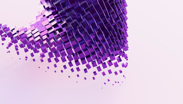Abstract 3d purple cubes in dynamic geometric motion with copy space