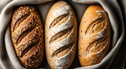 Fresh baked artisan breads lined up beautifully in a linen cloth food photography