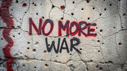 anti war graffiti Street art mural with the message "No More War" on a textured concrete wall.