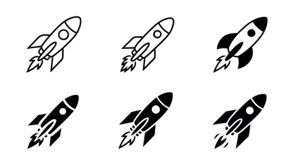 Set of Six Rocket Ship Icons in Black and White