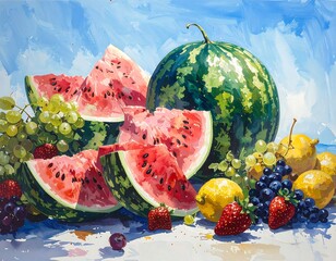 Vibrant still life of sliced watermelon, grapes, and other fruits against a bright blue sky