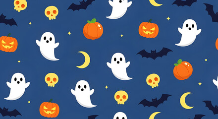 Cute halloween seamless pattern with ghosts, pumpkins, bats, and moon