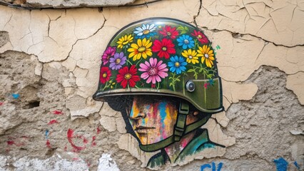 Naklejka premium anti war graffiti A vibrant mural of a soldier's helmet adorned with colorful flowers on a cracked wall.