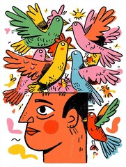 A colorful illustration of a person's head surrounded by vibrant, playful birds, symbolizing creativity and imagination.