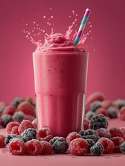 A vibrant smoothie overflowing with splashes, surrounded by fresh raspberries and blackberries, set against a striking pink background.
