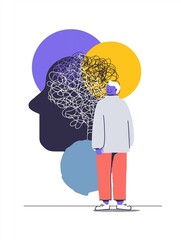 A colorful illustration of a person surrounded by abstract shapes, depicting complex thoughts and emotions in a whimsical style.