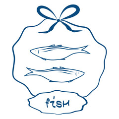 Fish Drawing in Label Frame, Seafood Fish Sketch in Ribbon Badge, Minimal Fish Tag Illustration, Hand drawn Mediterranean card
