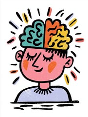 A colorful illustration of a person with a divided brain, representing creativity and balance, surrounded by vibrant rays of light.